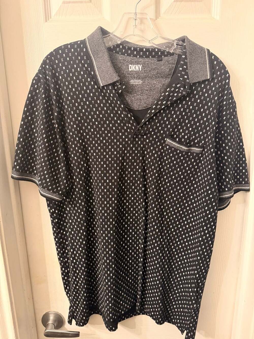 DKNY Polo Shirt Size L Black White Logo Print Pocket